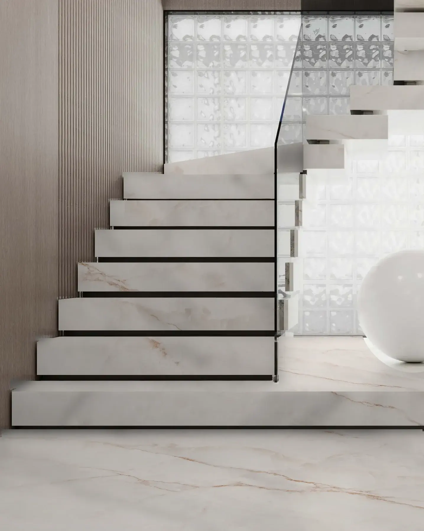 גרם מדרגות ורצפה מחופים בWhite Onyx, עם מעקה זכוכית
